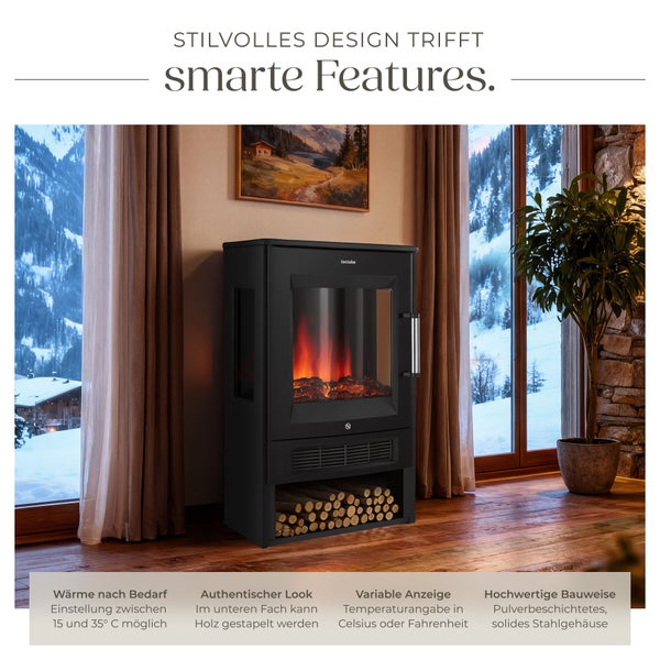 Elektrokamin mit Holzlagerfach in Wohnzimmeratmosphäre
