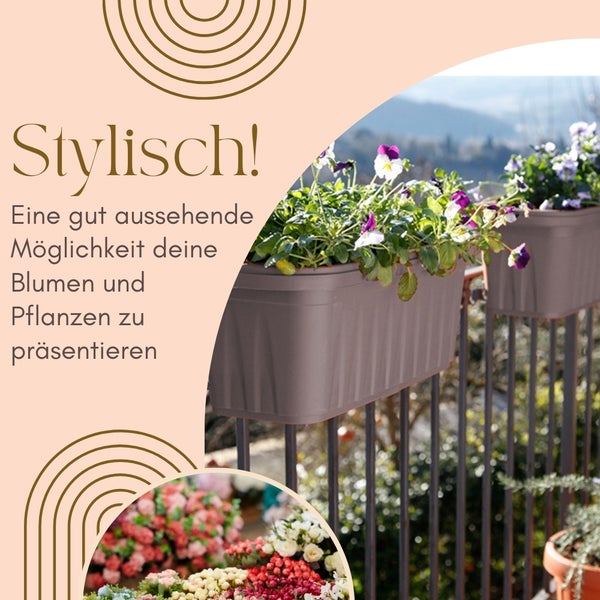Blumenkästen mit Blumen auf einem Balkongeländer
