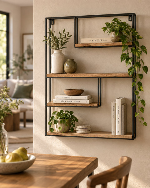 Wandregal mit schwarzem Metallrahmen und Holzablagen, dekoriert mit Pflanzen, Vasen und Büchern in einem modernen Wohnraum.