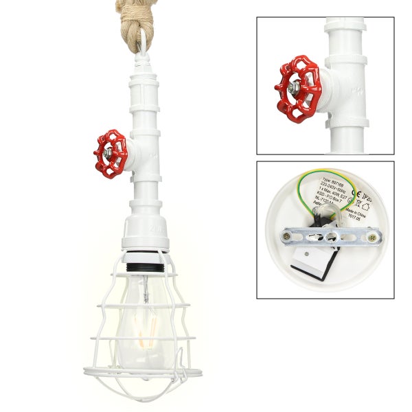 ECD Germany Hängelampe 1 flammige Hängeleuchte mit E27 Fassung, 115 cm, Ø13 cm, Weiß/Braun, Metall/Hanfseil, Wasserrohr, Vintage/Retro, Industrial Design, Pendelleuchte Pendellampe Leuchte Lampe