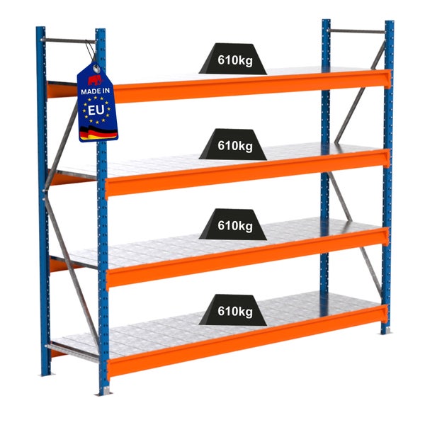 Metallregal mit vier Ebenen und einer Traglast von 610 Kilogramm pro Ebene, Etikett Made in EU