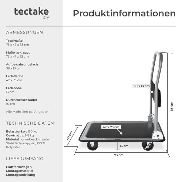 Tectake Plattformwagen mit technischen Daten und Abmessungen