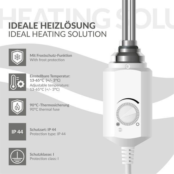 ECD Germany Heizstab 300W Weiß für Badheizkörper, Heizpatrone mit Thermostat für Heizkörper, Elektronischer Temperaturregler, Heizelement mit Stecker, Elektroheizstab für Heizungen & Handtuchtrockner