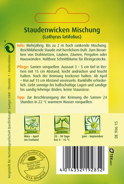 Rückseite der Saatgutpackung Staudenwicken Mischung. Aussaat März bis April, Keimung 20 bis 30 Tage, Blüte Juni bis September. ISTA Logo.