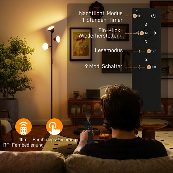 HOMCOM Stehlampe Wohnzimmer Dimmbar mit Leselampe, Stehleuchte RGB Farbwechsel mit Fernbedienung Touch-Steuerung 3 drehbare Köpfe 4150lm 2700K–6000K Standleuchte für Wohnzimmer Schlafzimmer