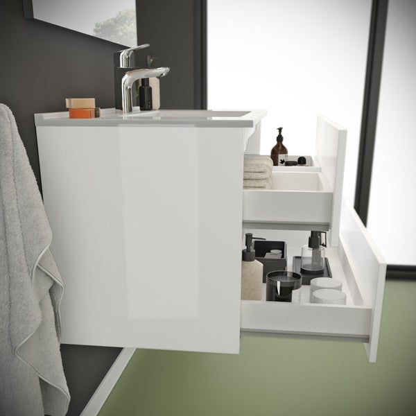 80 x 46 cm glänzend weißer Unterschrank mit Waschtisch und Spiegel | Benaco
