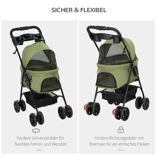 PawHut Hundewagen Hundebuggy mit Klappfunktion Pet Stroller für kleine Hunde und Katzen Haustierwagen Katzenbuggy Oxford Dunkelgrün 67 x 45 x 96 cm