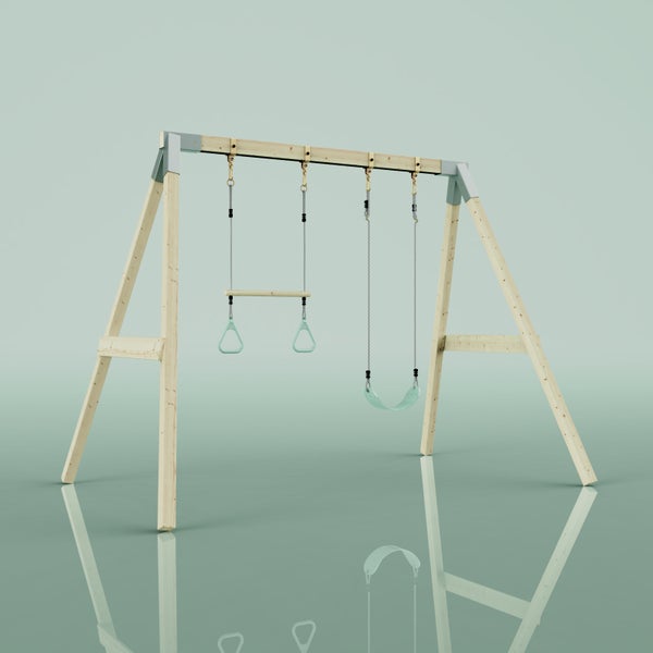 Schaukelgestell aus Holz mit Metallverbindungen, mintgrünem Schaukelsitz und Trapez mit Turnringen.
