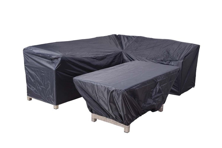 Schwarzes Schutzhüllen-Set für L-förmiges Lounge-Sofa und Tisch.