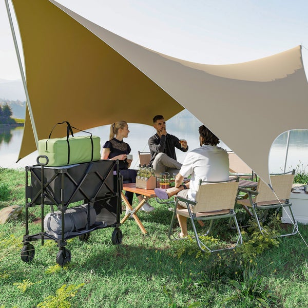 Outsunny Gartenwagen 200 kg belast zweistufige Transportwagen mit herausnehmbare Plane Griff  Rädern Lenkachse klappbar Bollerwagen Handwagen Gartenkarre Gerätewagen für Haus, Garten Schwarz