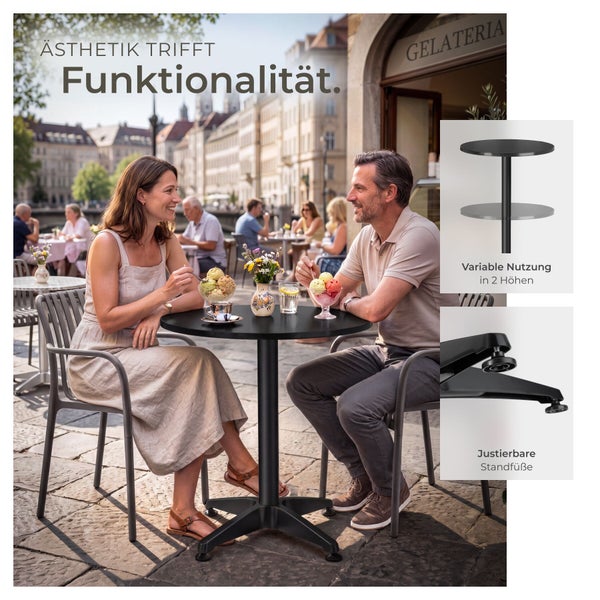 Ein Paar sitzt an einem runden Bistrotisch in einem Außenbereich, der Tisch bietet zwei Höhenoptionen und verstellbare Standfüße für Stabilität.