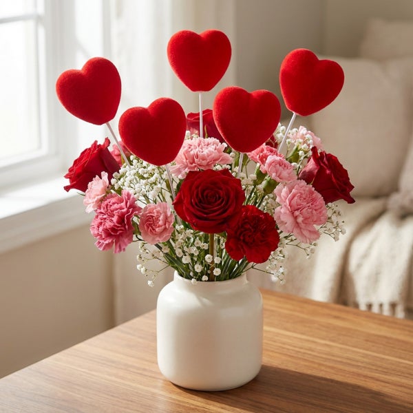 Blumenstrauß aus Rosen und Nelken mit Herzsteckern in einer weißen Vase auf einem Holztisch.