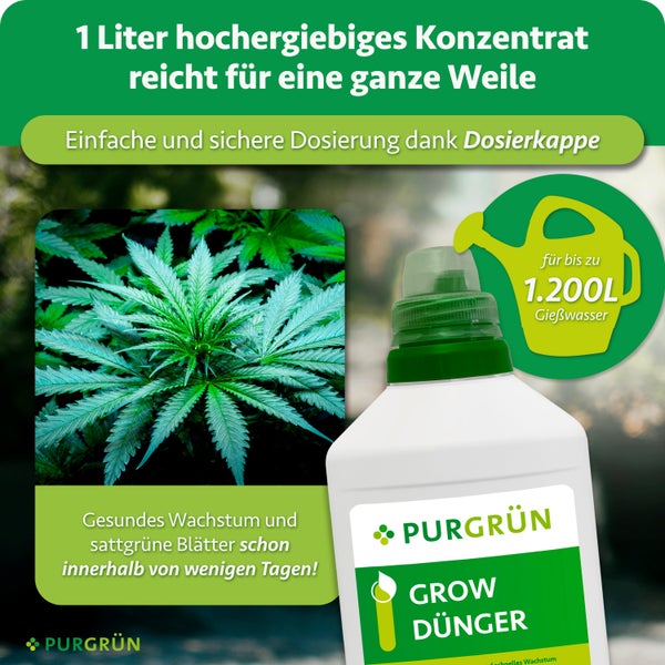 Purgrün Grow Dünger Konzentrat in der 1 Liter Flasche für gesundes Pflanzenwachstum mit Dosierkappe für bis zu 1200 Liter Gießwasser.