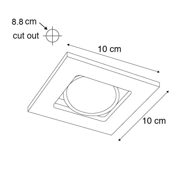 Maßzeichnung eines quadratischen Einbaustrahlers mit 10 mal 10 Zentimetern Außenmaß und einem Ausschnittmaß von 8,8 Zentimetern Durchmesser.