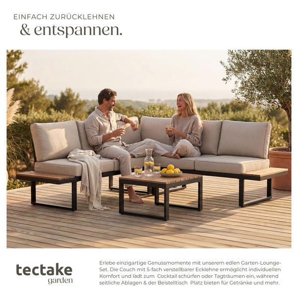 Modernes tectake garden Lounge-Set mit Ecksofa und Couchtisch aus Metall und Holz auf einer Terrasse, auf dem sich ein Paar im Freien entspannt.
