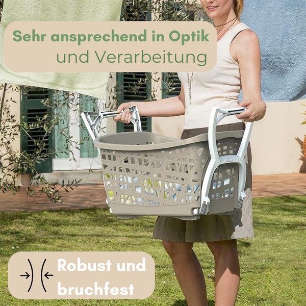 Frau trägt Wäschekorb mit Rollen