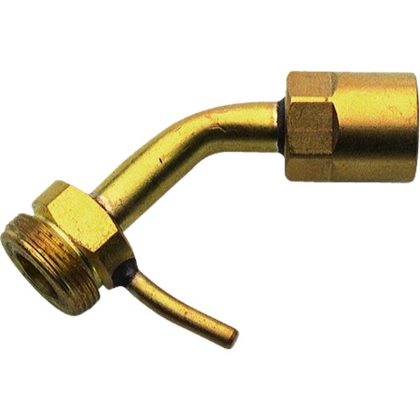 Gebogenes Messing-Anschlussstück mit Außengewinde, Sechskantmutter und seitlichem Abzweigrohr.