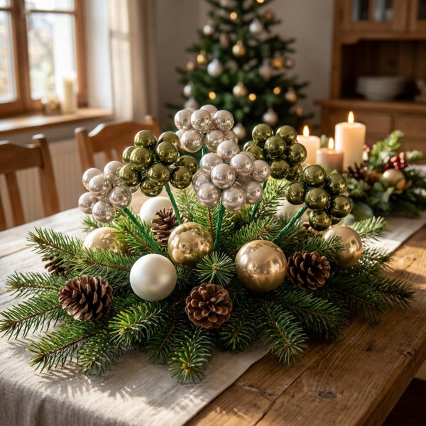 Weihnachtliches Tischgesteck mit Tannenreisig, Zapfen und glänzenden Christbaumkugeln auf einem rustikalen Holztisch, stimmungsvolle Dekoration.