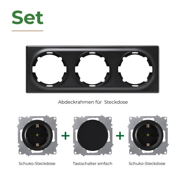 Set bestehend aus dreifachem Abdeckrahmen, zwei Schuko Steckdosen und einem Tastschalter einfach.