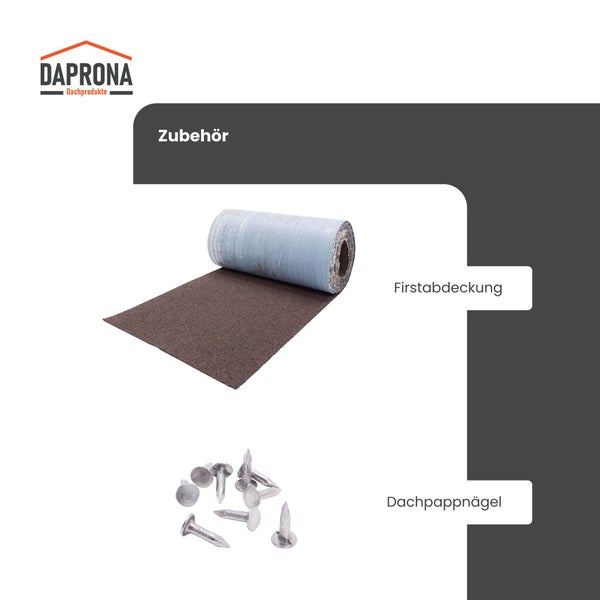 Daprona Dachzubehör Set bestehend aus einer Rolle Firstabdeckung und Dachpappnägeln.