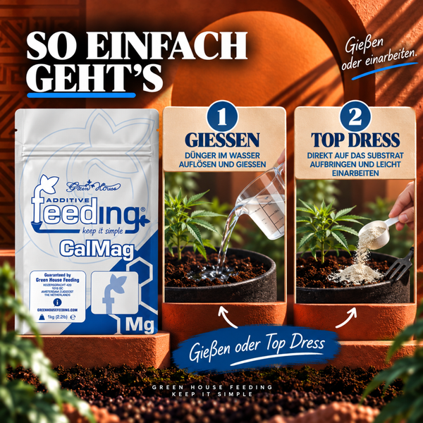 Infografik zur Anwendung von Green House Feeding CalMag Dünger: Gießen durch Auflösen in Wasser oder Einarbeiten als Top Dress in das Substrat.