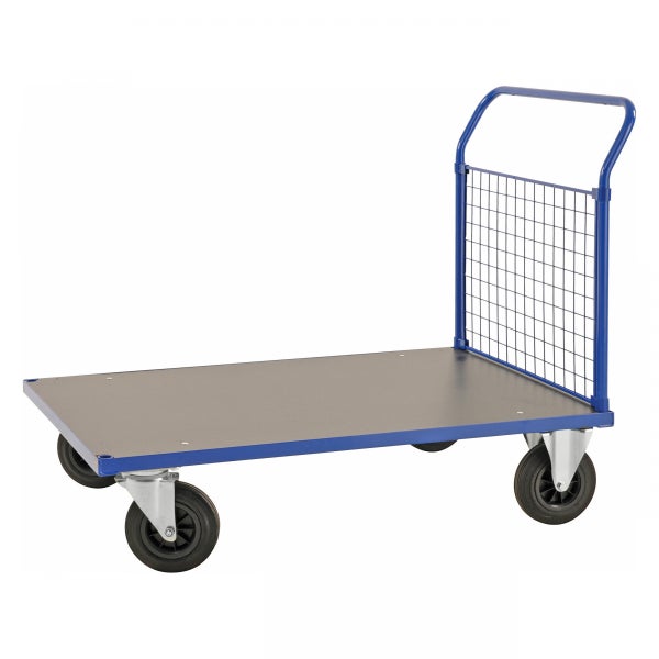 Kongamek Plattformwagen in blau 1283x800x1020mm mit MDF-Platte und Schiebebügel mit Gummibereifung mit Bremse