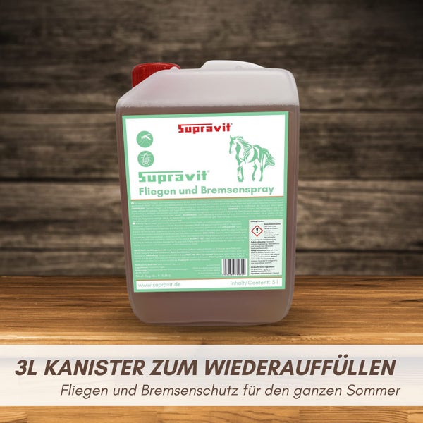 Supravit Fliegen- und Bremsenspray im 3 Liter Kanister zum Nachfüllen für Pferde.