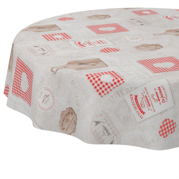 Rundes Tischtuch mit Leinenstruktur, Bäckereimotiven, rot und weiß karierten Mustern, Schneidebrettern und französischen Schriftzügen.