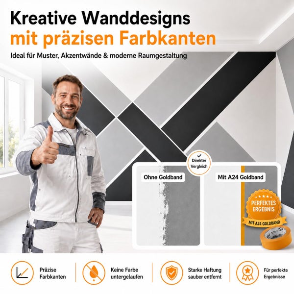 Handwerker vor Wand mit geometrischem Muster zeigt Vergleich von Farbkanten mit und ohne A24 Goldband Abdeckband für präzise Ergebnisse.