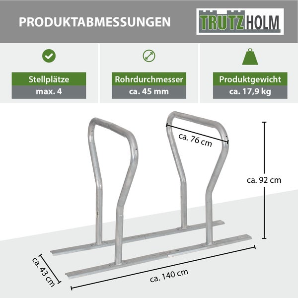 Abmessungen des Fahrradständers mit Platz für maximal vier Fahrräder und einem Produktgewicht von circa 17,9 Kilogramm.