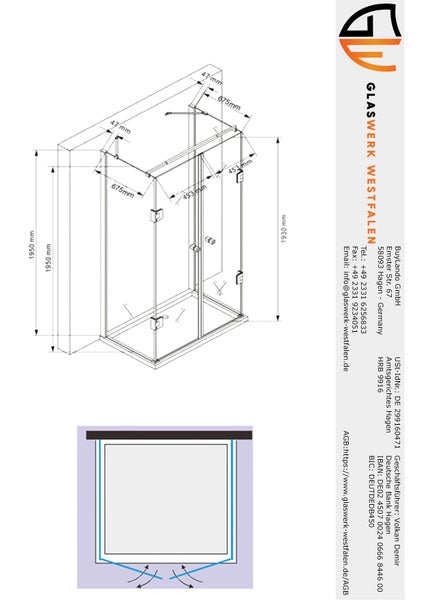 Technische Zeichnung einer Duschkabine mit Maßangaben