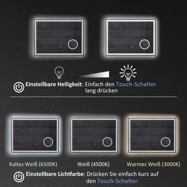 kleankin LED Badezimmerspiegel, Badspiegel mit 3x Vergrößerung, 80 x 60 cm Wandspiegel mit Touch-Funktion, Memory-Funktion, beschlagfreier Lichtspiegel mit 3 Lichtfarben