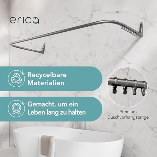 Erica Duschvorhangstange L-form & U-form - 4-in-1 System für Badewanne oder Dusche - Duschstange Ecke - Stahl mit Pulverbeschichtung - Ohne Deckenhalterung - Grau