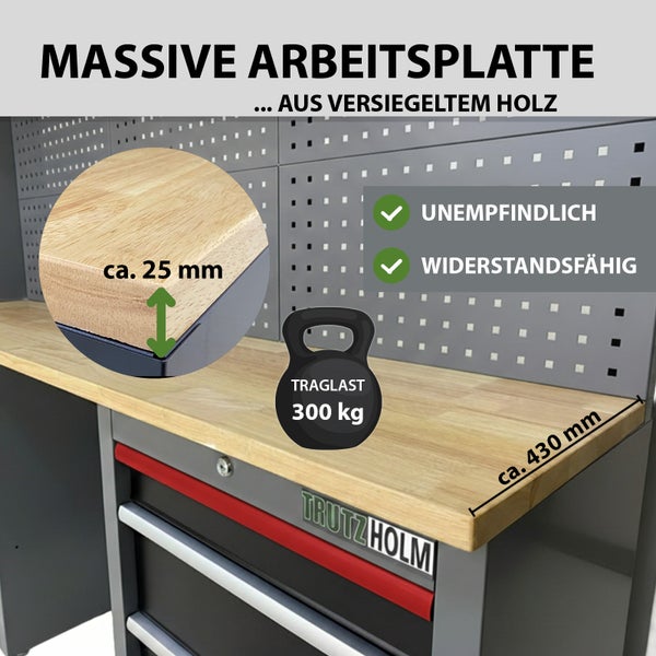 Massive Werkbankplatte aus versiegeltem Holz mit einer Traglast von 300 Kilogramm und einer Dicke von circa 25 Millimeter