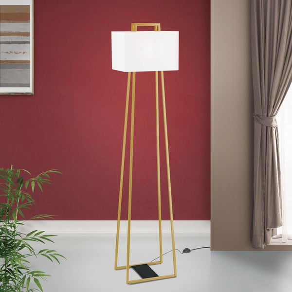 Stehlampe mit rechteckigem, weißem Lampenschirm und goldenem Gestell