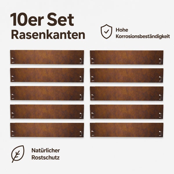 Set mit 10 Rasenkanten aus Metall in Rostoptik mit hoher Korrosionsbeständigkeit und natürlichem Rostschutz für eine einfache Gartenbegrenzung.