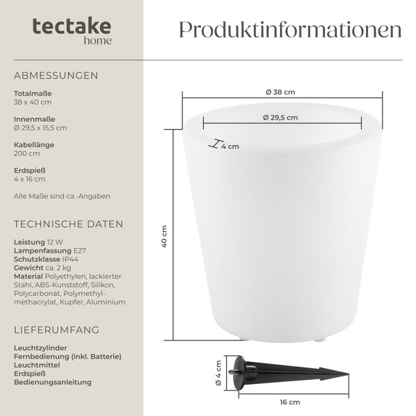 tectake home Logo. Produktdatenblatt für einen Leuchtzylinder mit Maßen circa 38 mal 40 Zentimeter, E27 Fassung, IP44 Schutzklasse und Erdspieß.