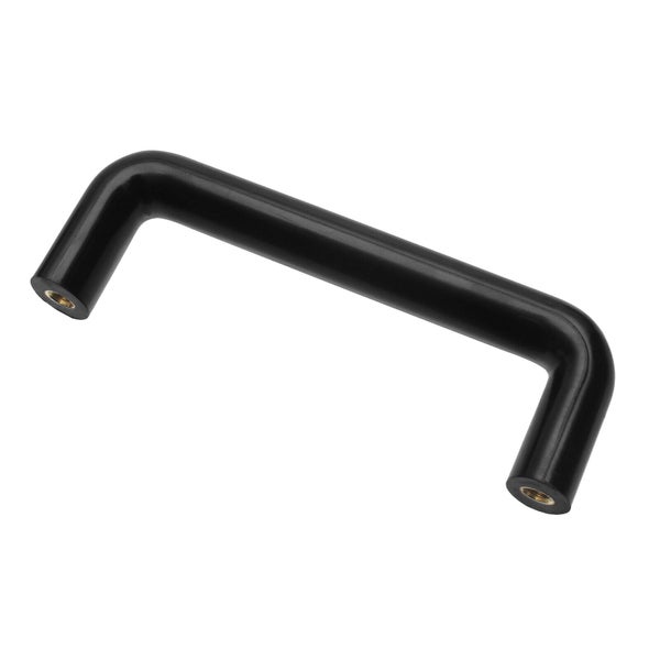 Ein schlichter, gebogener Möbelgriff aus Metall mit Befestigungspunkten für Schubladen oder Schranktüren.