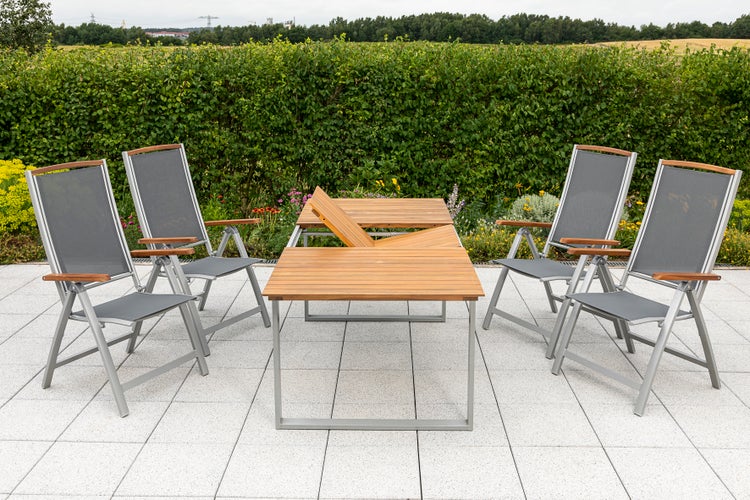 Siena Gartenmöbelset 5tlg., Klappsessel, Ausziehtisch 150 (200) x 90 cm, silber/schwarz
