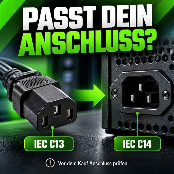 Informationstafel zur Kompatibilität von Stromkabeln zeigt IEC C13 Kaltgerätestecker und IEC C14 Kaltgerätebuchse mit Prüfhinweis vor dem Kauf.