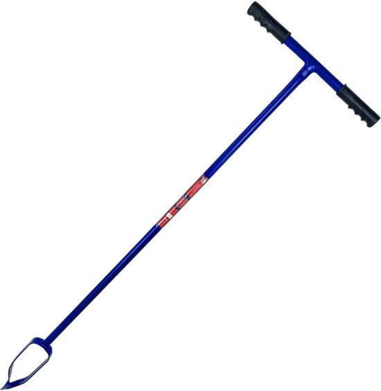 Manueller Erdbohrer aus blauem Metall mit T-Griff und schwarzen Handgriffen.