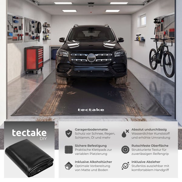 tectake Garagenbodenmatte aus wasserdichtem Kunststoff in einer hellen, organisierten Garage mit PKW, Werkzeugwänden und Fahrrad.