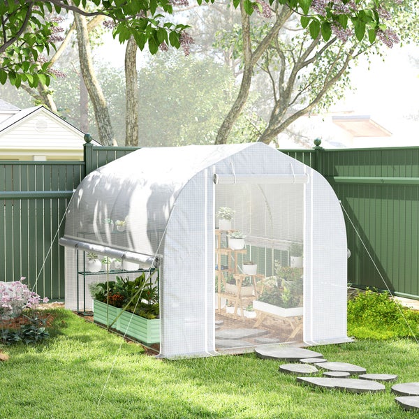 Outsunny Gewächshaus 3 x 2 x 2 m Foliengewächshaus mit 4 Fenster & Tür, Aufrollbar Seitenwänden, UV-beständiger Folientunnel Tomatenhaus mit verzinkten Stahlrahmen, Weiß