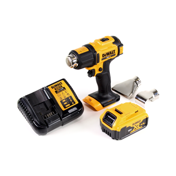 DeWalt Akku Heißluftpistole 18 Volt mit 5,0 Amperestunden Akku, Ladegerät und zwei Düsenaufsätzen.