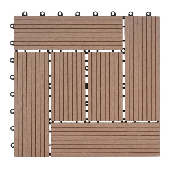 Klickfliese aus Holz-Kunststoff-Verbundwerkstoff für Terrasse und Balkon mit geriffelter Oberfläche und Kunststoff-Verbindungssystem.