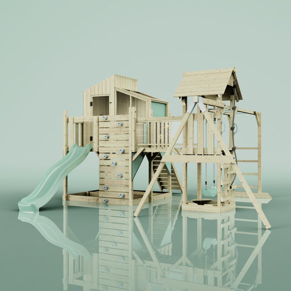 Spielturm mit Rutsche, Kletterwand, Schaukel und Spielhaus aus Holz