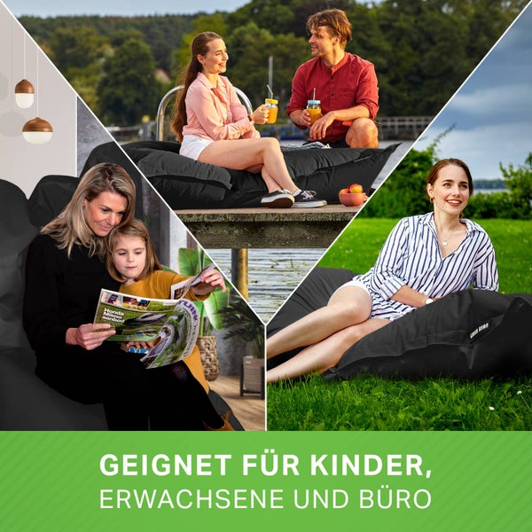 Green Bean Sitzsack XXL 140x180cm 380 Liter Kinder & Erwachsene Bean Bag EPS Perlen Füllung Riesensitzsack Groß Draußen Outdoor Liegekissen Waschbar Wetterfest Lounge Sitzkissen Bodenkissen Schwarz