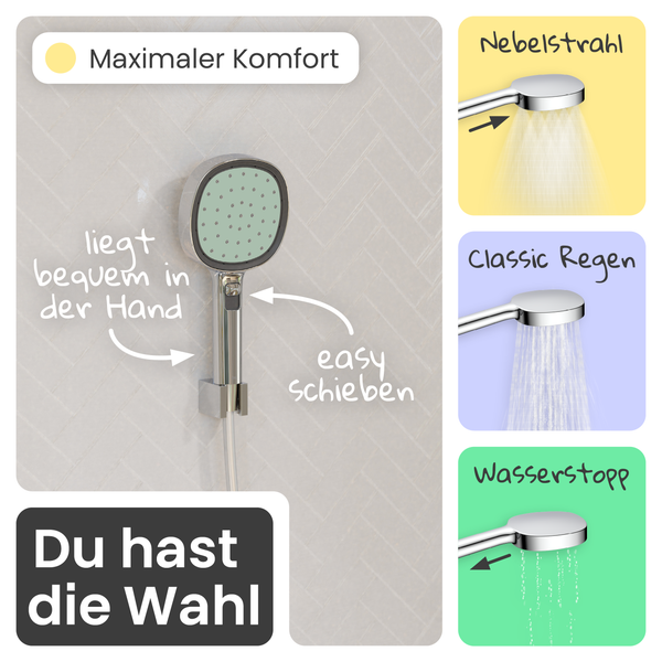 Ergonomische Handbrause mit drei Strahlarten: Nebelstrahl, klassischer Regen und Wasserstopp, bequem per Schiebeschalter einstellbar.