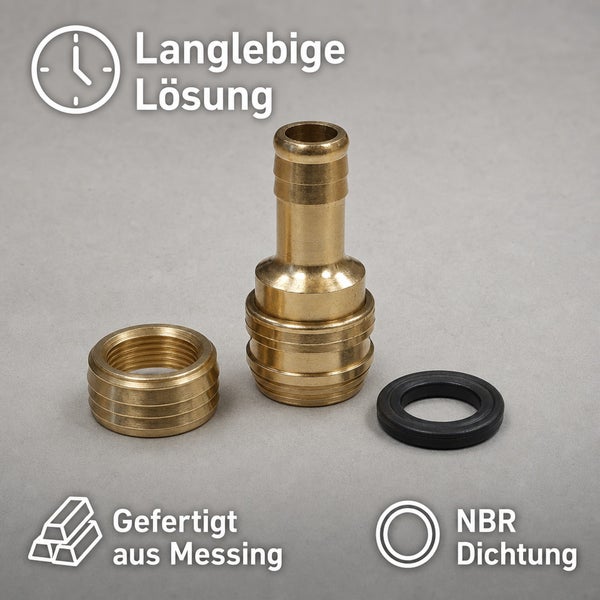 Schlauchverbinder aus Messing bestehend aus Tülle Überwurfmutter und NBR Dichtung als langlebige Lösung für Gartenbewässerung