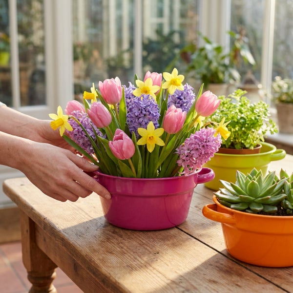 Eine Person stellt einen Blumentopf mit Frühlingsblumen wie Tulpen, Narzissen und Hyazinthen auf einen Holztisch im Wintergarten.